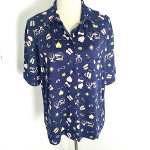 Rae Dunn Navy Blue Casual Shirt with Playful Print in Pink, Size XL
